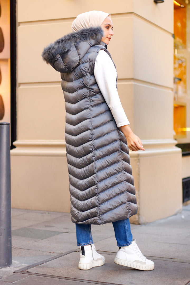 BNG Women Long Collar Fur-Lined Padded Vest Gray - Clermont