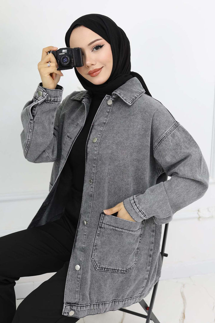 BNG Women Mobile Detailed Hijab Denim Jacket Gray 702 - Slidell