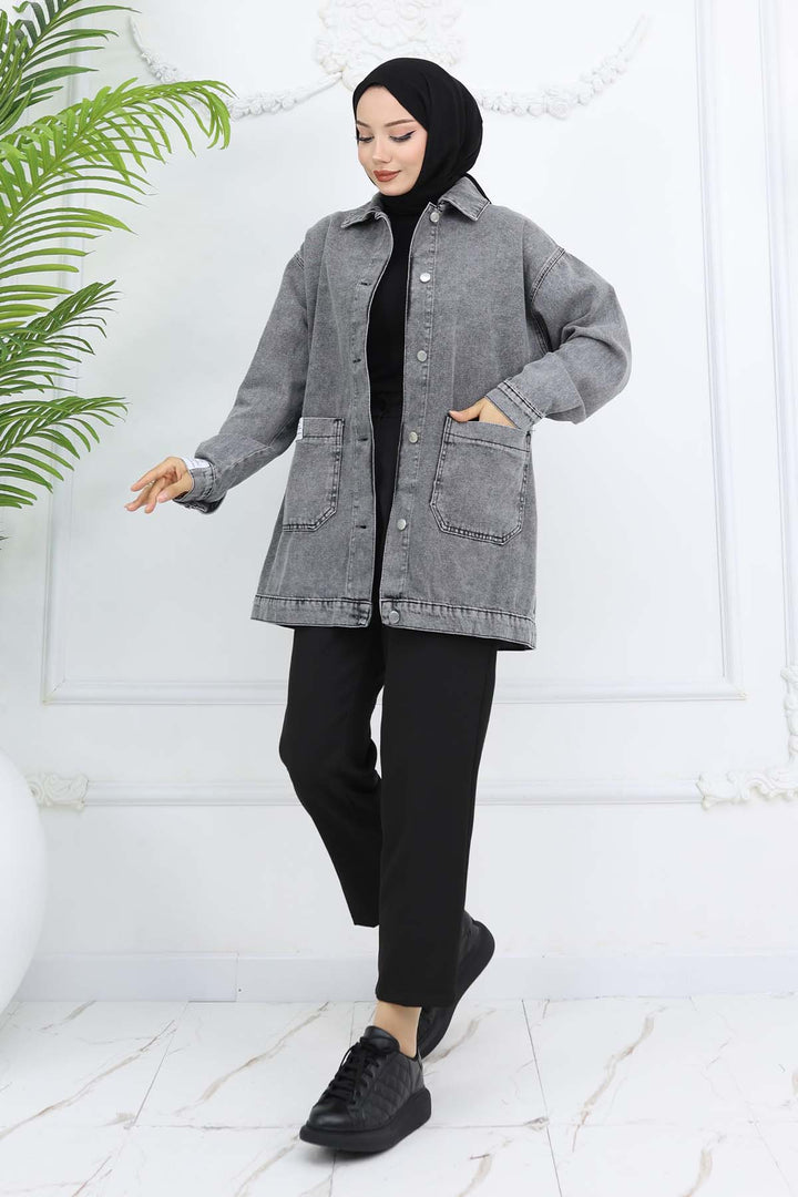 BNG Women Mobile Detailed Hijab Denim Jacket Gray 702 - Slidell