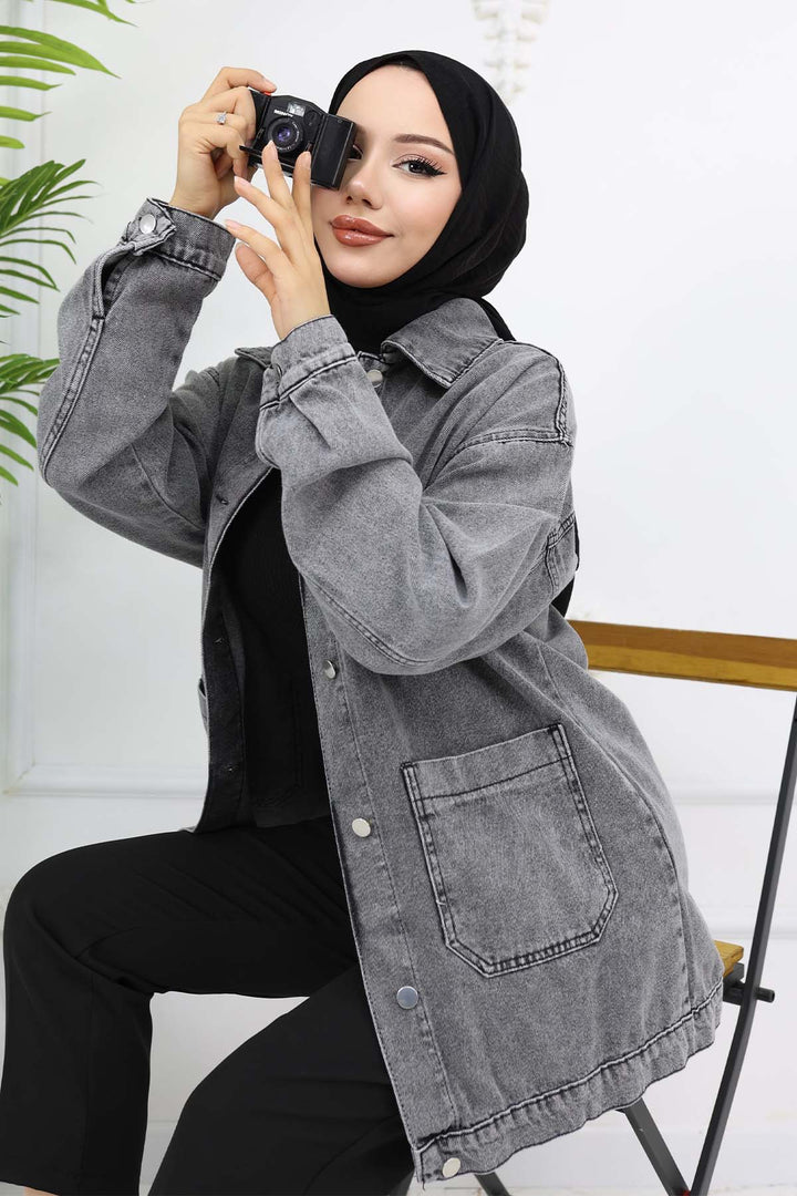 BNG Women Mobile Detailed Hijab Denim Jacket Gray 702 - Slidell