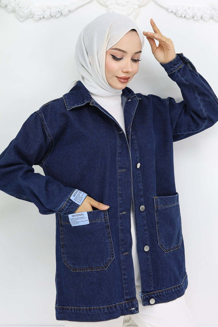 BNG Women Mobile Detailed Hijab Denim Jacket Navy 702 - Modica