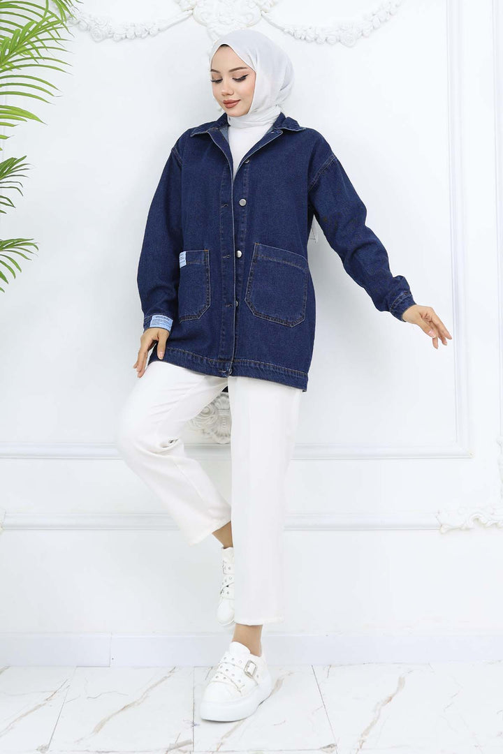BNG Women Mobile Detailed Hijab Denim Jacket Navy 702 - Playas de Rosarito