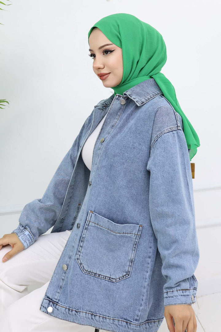 BNG Women Mobile Detailed Hijab Denim Jacket Blue 702 - Zongolica
