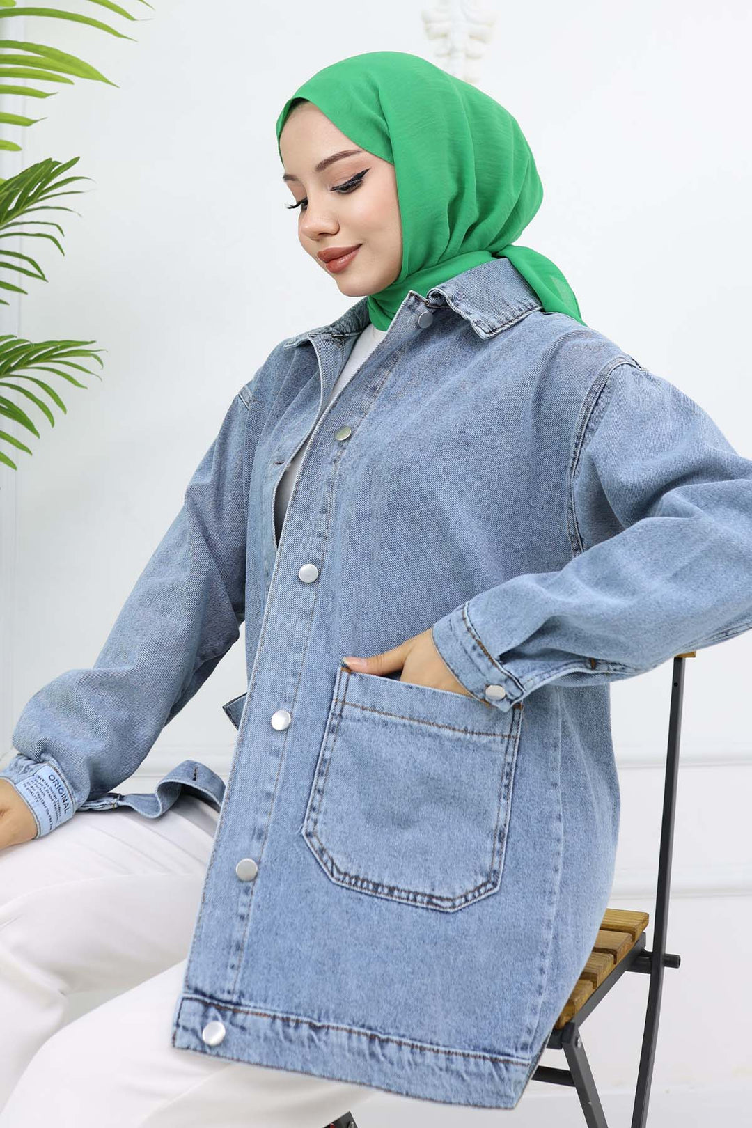 BNG Women Mobile Detailed Hijab Denim Jacket Blue 702 - Zongolica