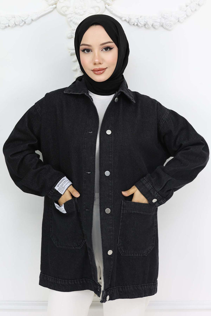 BNG Women Mobile Detailed Hijab Denim Jacket Black 702 - Marina di Carrara
