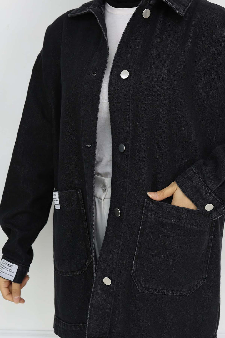 BNG Women Mobile Detailed Hijab Denim Jacket Black 702 - Marina di Carrara