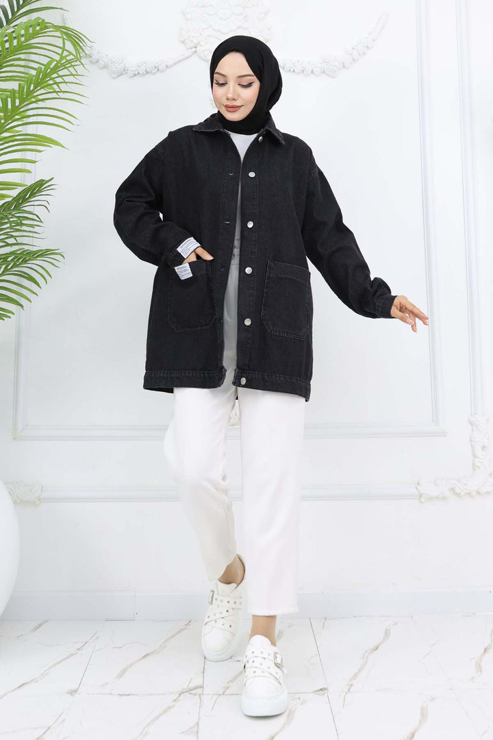 BNG Women Mobile Detailed Hijab Denim Jacket Black 702 - Marina di Carrara
