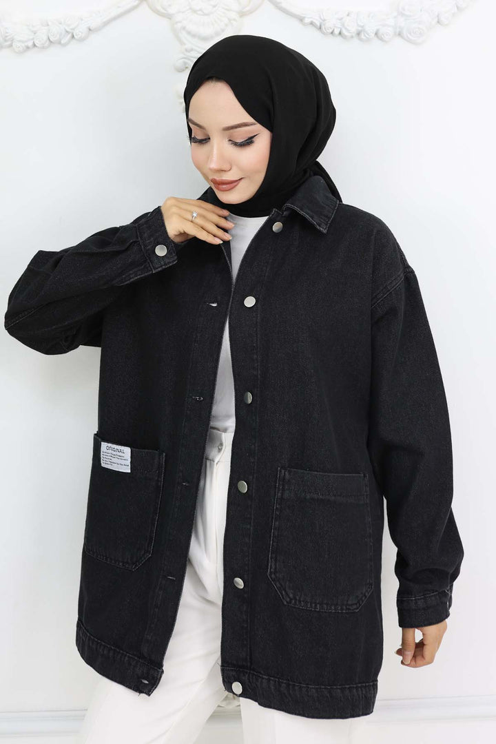 BNG Women Mobile Detailed Hijab Denim Jacket Black 702 - Marina di Carrara