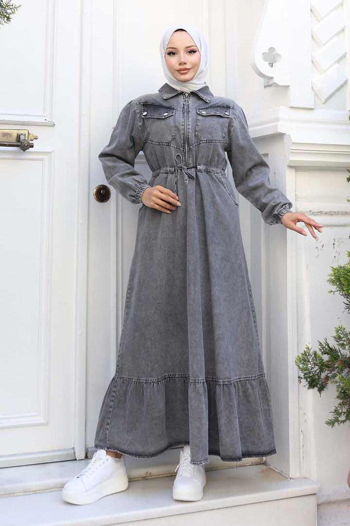 BNG Women Gray Denim Dress with Belted Pockets 6116 - Nikopol