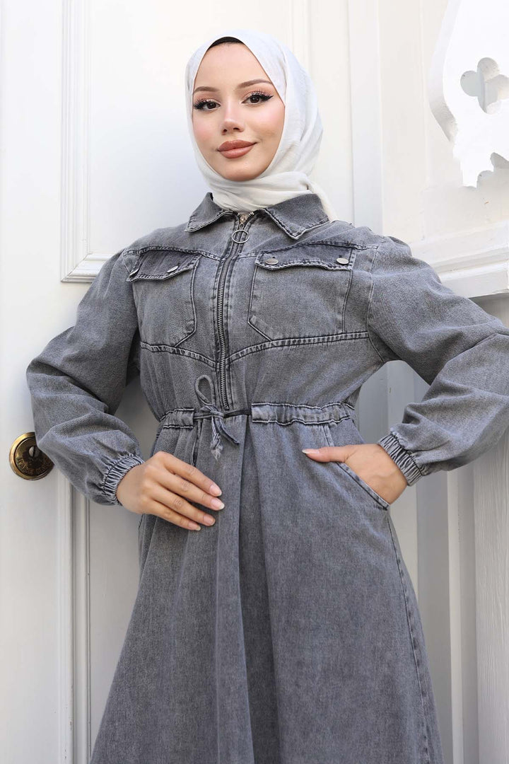 BNG Women Gray Denim Dress with Belted Pockets 6116 - Nikopol