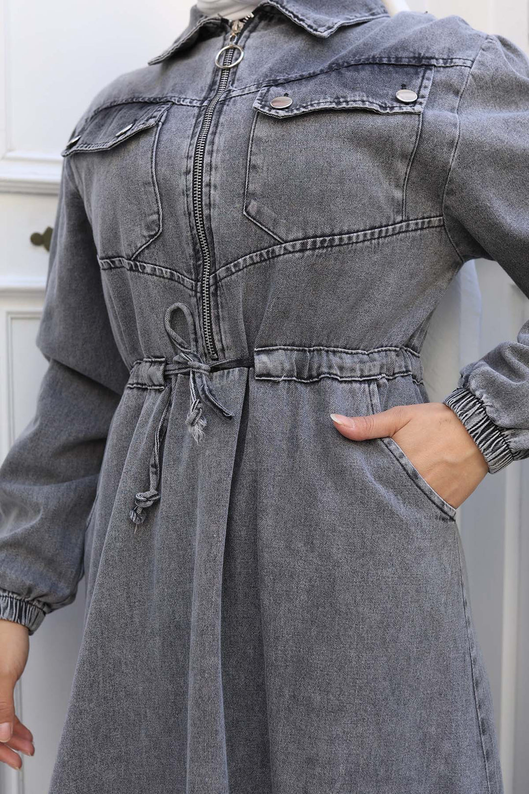 BNG Women Gray Denim Dress with Belted Pockets 6116 - Nikopol