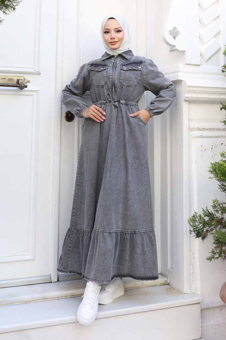 BNG Women Gray Denim Dress with Belted Pockets 6116 - Nikopol