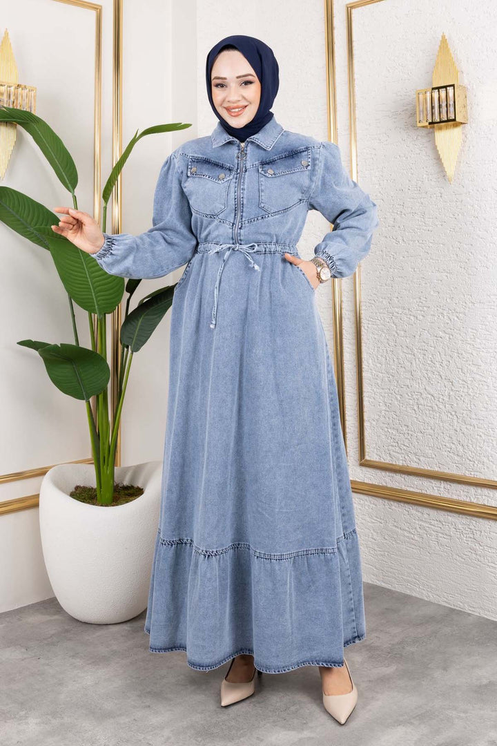 BNG Women Blue Denim Dress with Belted Pockets 6116 - Lodi