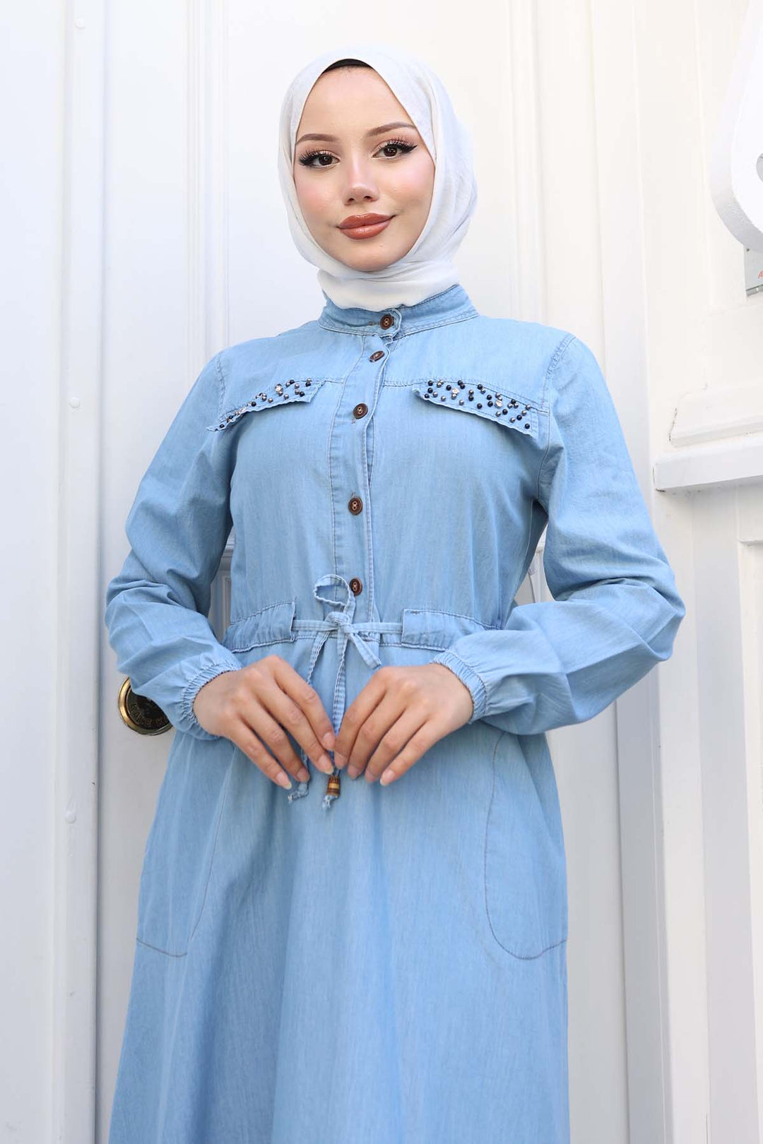 BNG Women Stone Detailed Denim Dress with Pockets Ice Blue 6768 - Modugno