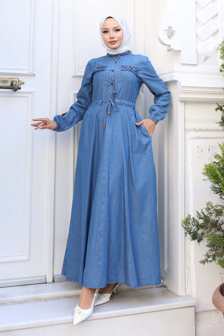 BNG Women Pockets Stone Detailed Denim Dress Navy 6768 - Federal Way