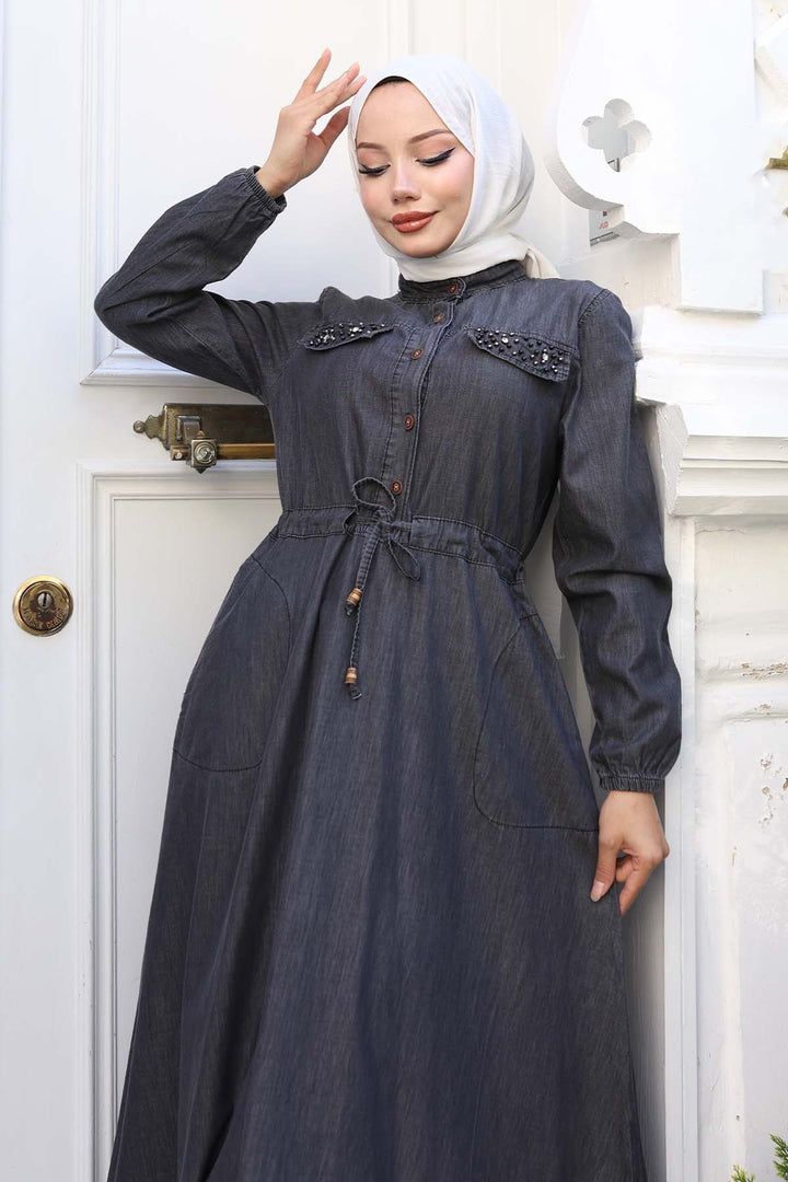 BNG Women Pockets Stone Detailed Denim Dress Black 6768 - Middletown