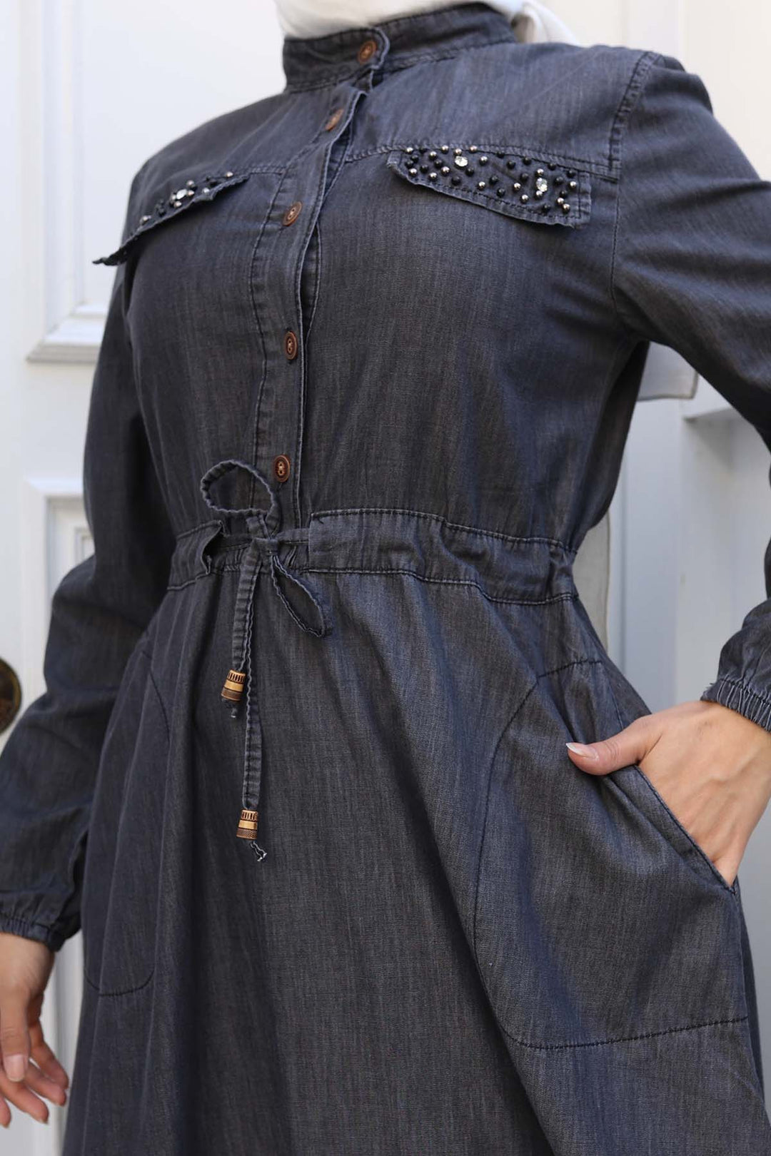 BNG Women Pockets Stone Detailed Denim Dress Black 6768 - Sevilla
