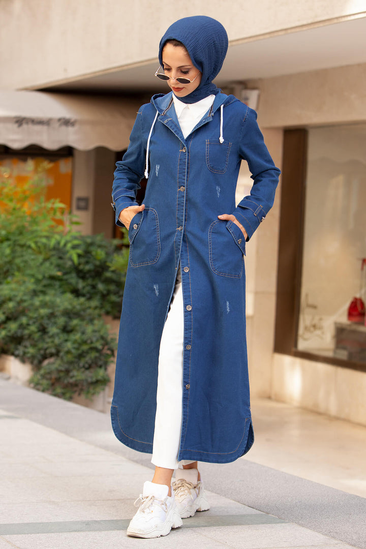 BNG Women Hooded Buttoned Sport Denim Jacket - Navy Blue - Clermont