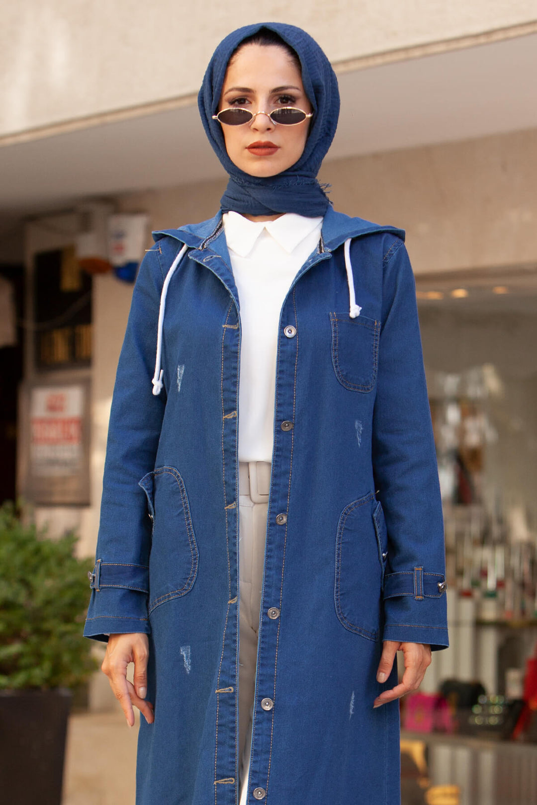 BNG Women Hooded Buttoned Sport Denim Jacket - Navy Blue - Clermont