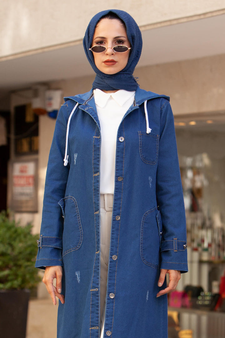 BNG Women Hooded Buttoned Sport Denim Jacket - Navy Blue - Clermont