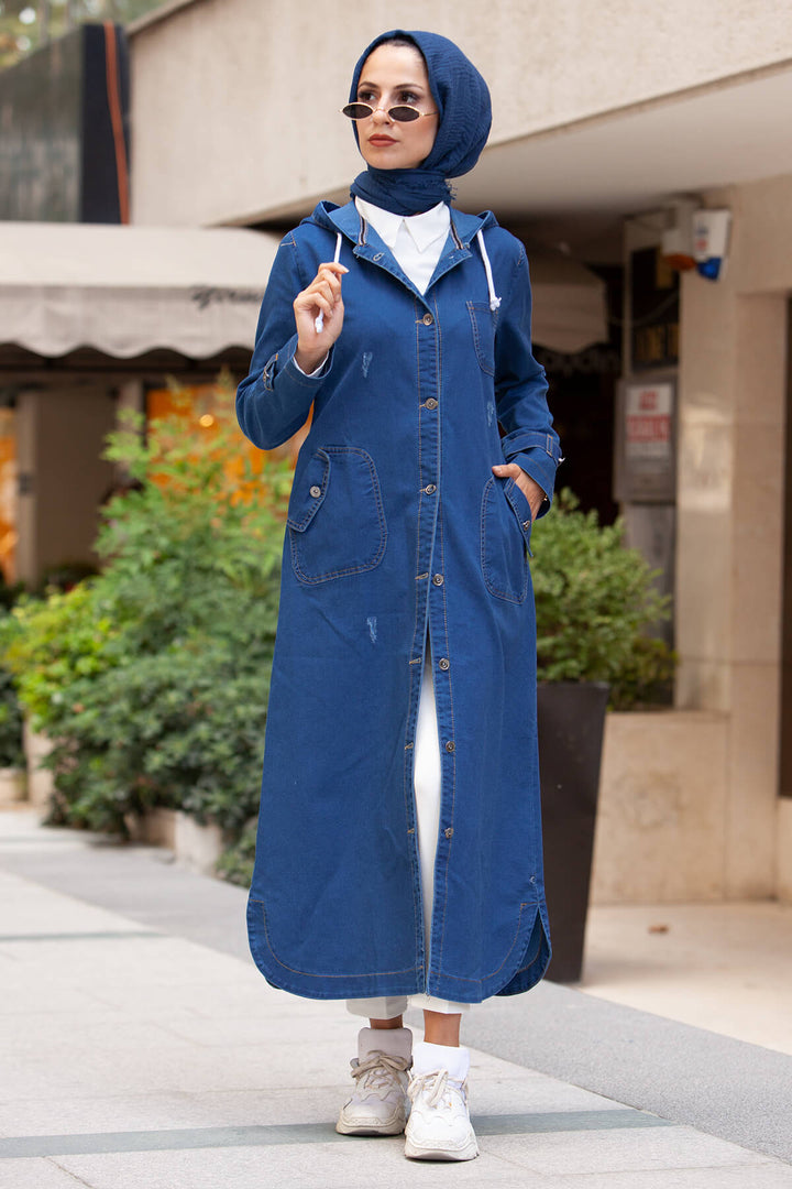 BNG Women Hooded Buttoned Sport Denim Jacket - Navy Blue - Clermont