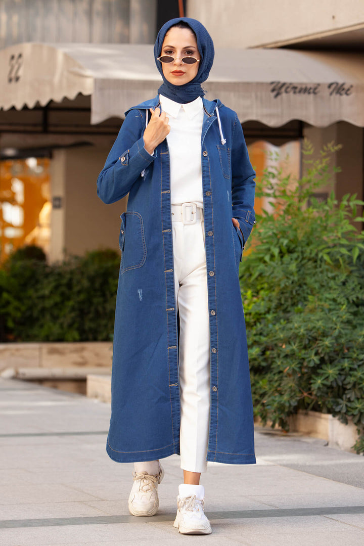 BNG Women Hooded Buttoned Sport Denim Jacket - Navy Blue - Clermont
