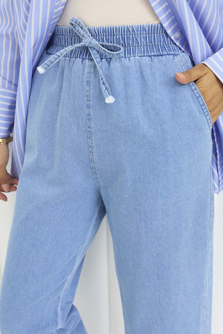 BNG Women Elastic Waist Denim Pants Ice Blue 4083 - Essex