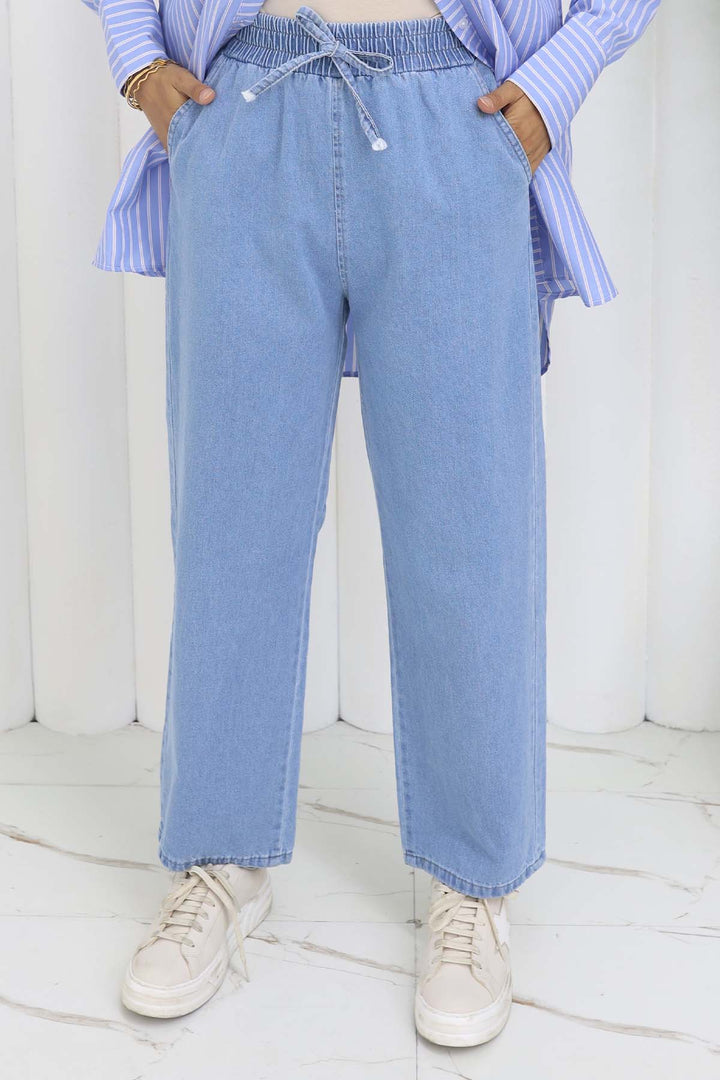 BNG Women Elastic Waist Denim Pants Ice Blue 4083 - Calimaya