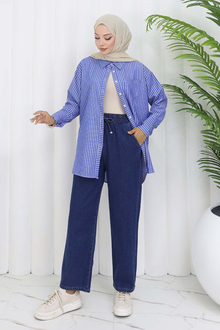 BNG Women Elastic Waist Denim Pants Navy Blue 4083 - Alès