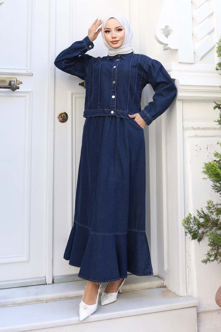 BNG Women Buttoned Jacket Skirt Denim Suit Navy 2105 - Reutlingen