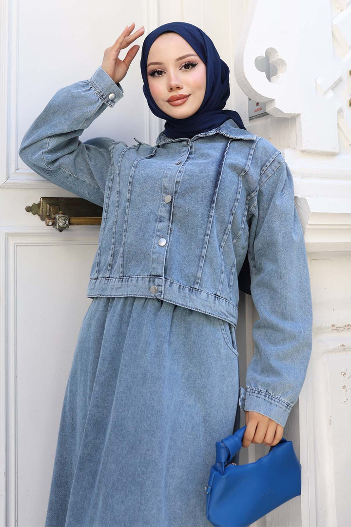 BNG Women Düğmeli Ceketli Etekli Kot Takım Mavi 2105 - Union City