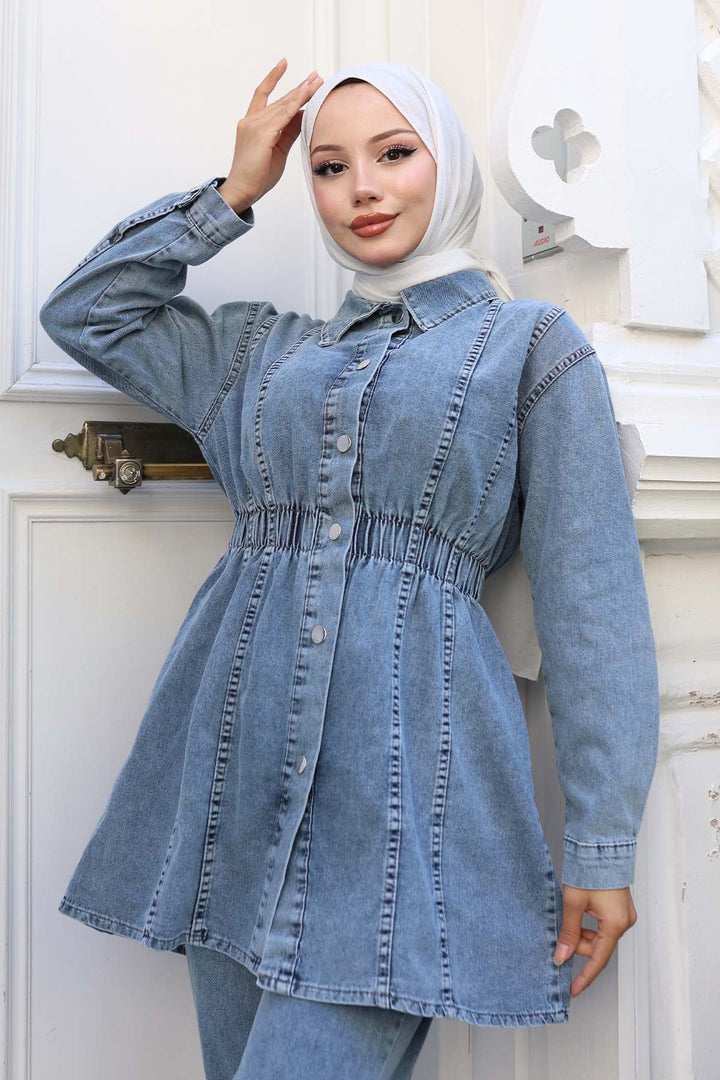 BNG Women Waist Pleated Denim Suit Blue 4079 - Bury Saint Edmunds
