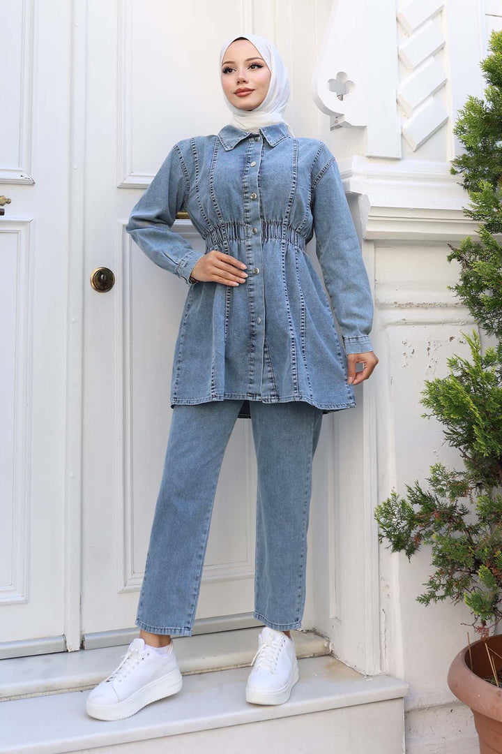 BNG Women Waist Pleated Denim Suit Blue 4079 - Bury Saint Edmunds