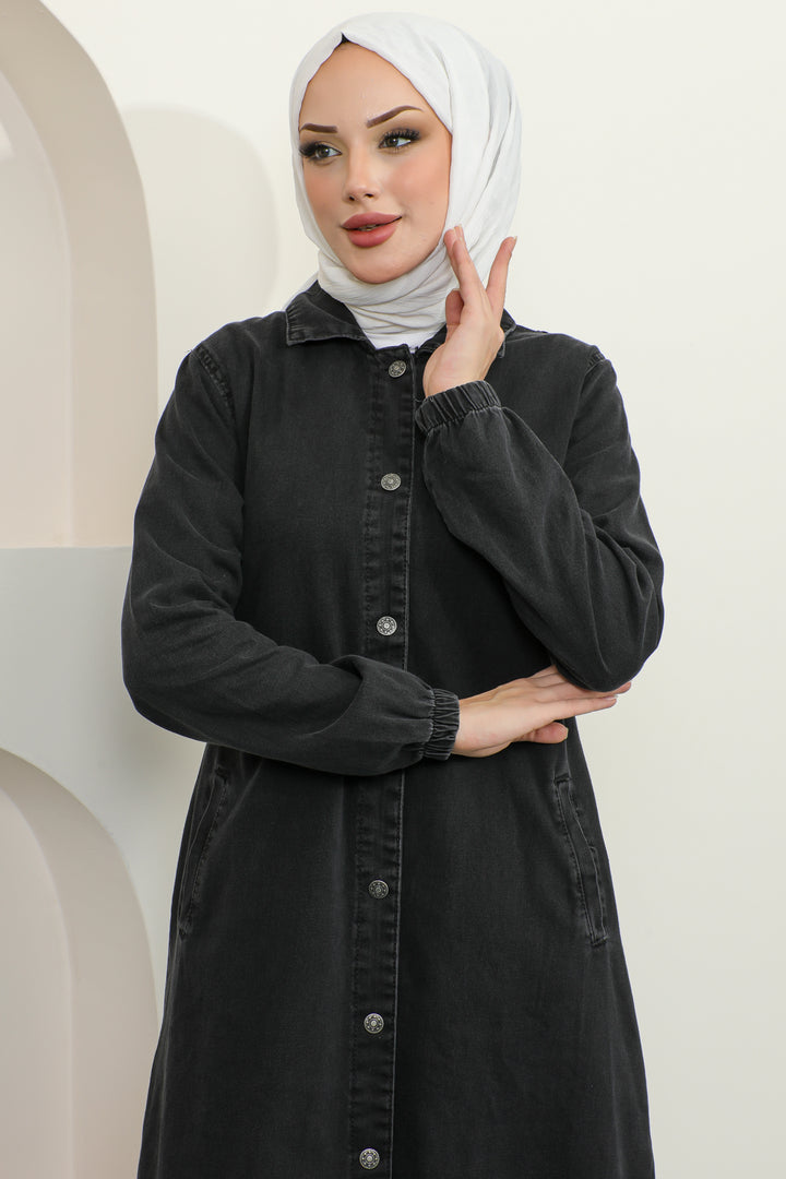 BNG سترة نسائية طويلة من الدنيم باللون الأسود - كليرمونت
