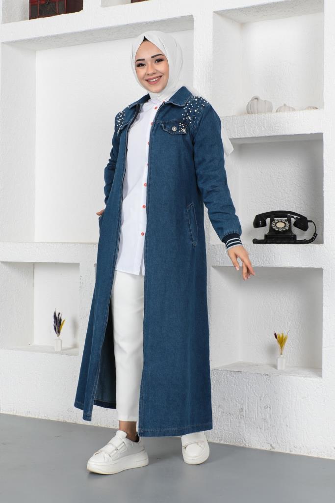 BNG Women Pearl Detailed Long Denim Coat Navy - Clermont