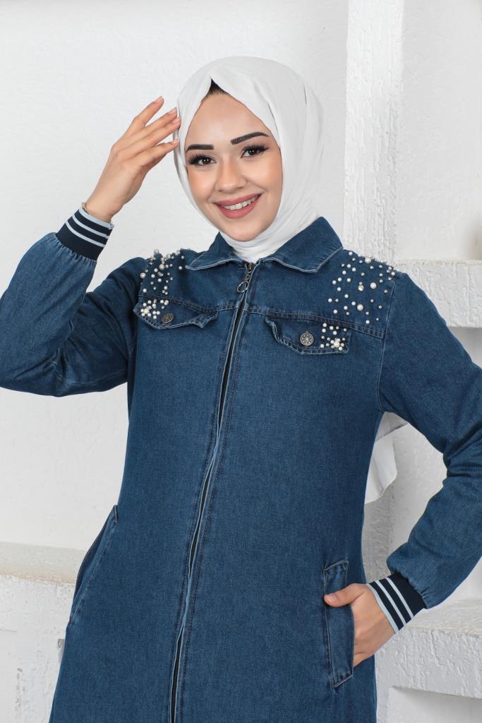 BNG Women Pearl Detailed Long Denim Coat Navy - Clermont