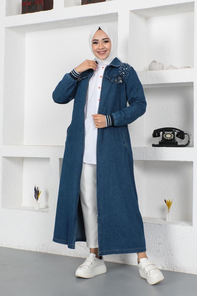 BNG Women Pearl Detailed Long Denim Coat Navy - Clermont
