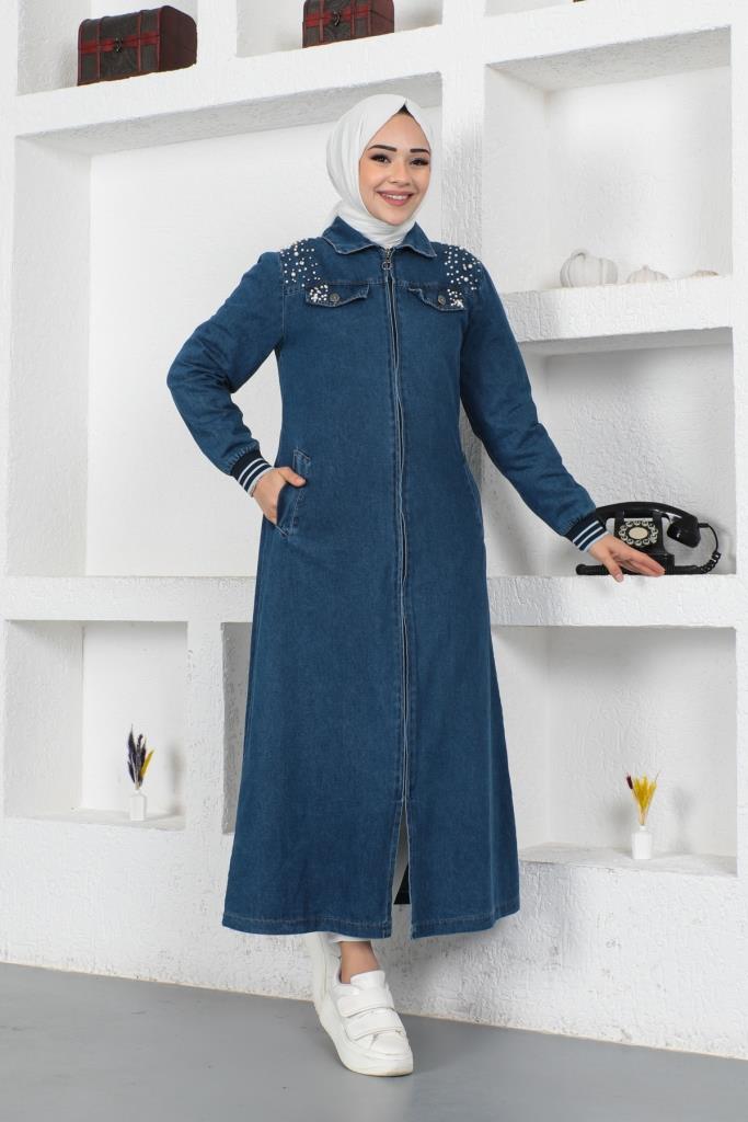 BNG Women Pearl Detailed Long Denim Coat Navy - Clermont
