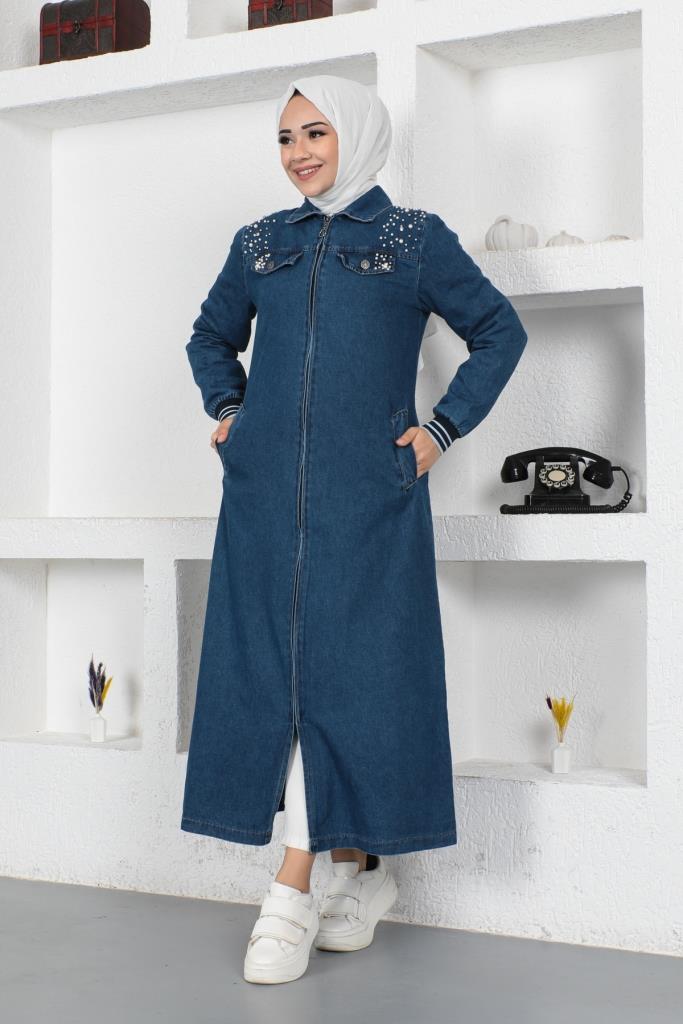 BNG Women Pearl Detailed Long Denim Coat Navy - Clermont