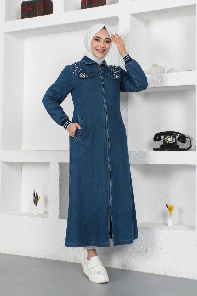 BNG Women Pearl Detailed Long Denim Coat Navy - Clermont
