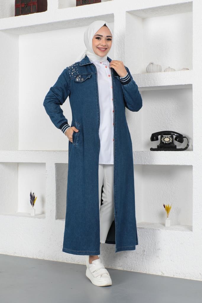 BNG Women Pearl Detailed Long Denim Coat Navy - Clermont