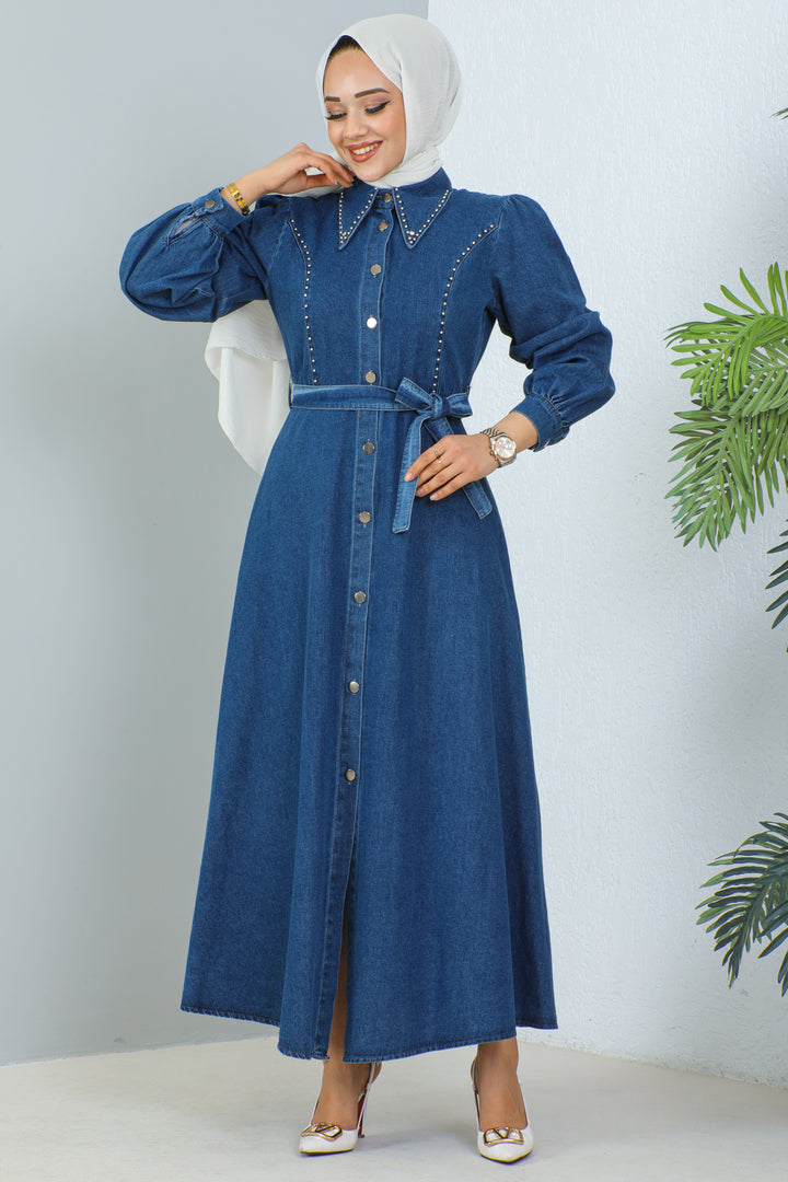 BNG Women Navy Blue Hijab Denim Dress - Clermont