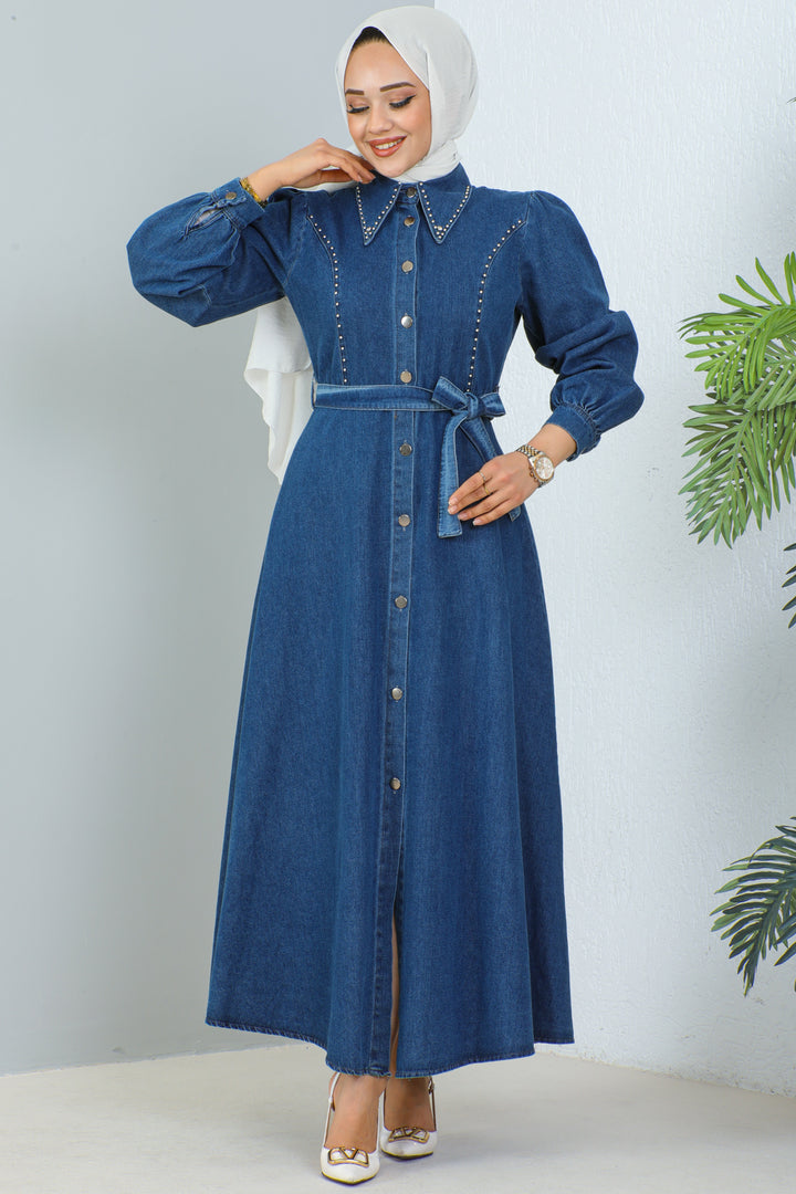 BNG Women Navy Blue Hijab Denim Dress - Clermont