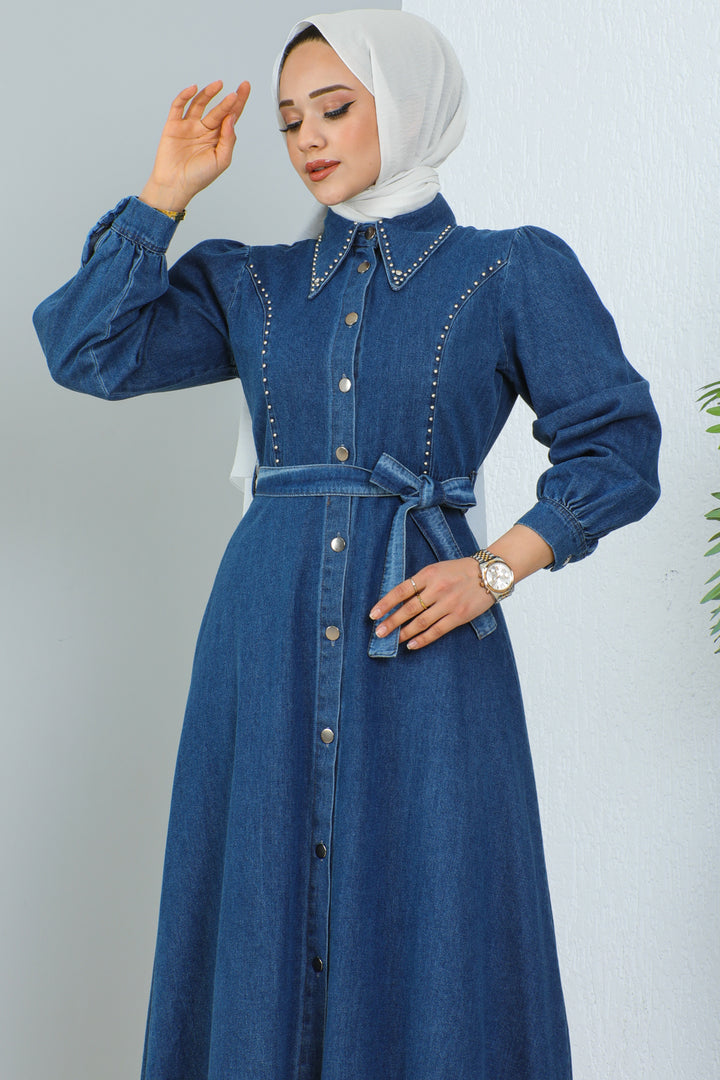 BNG Women Navy Blue Hijab Denim Dress - Clermont