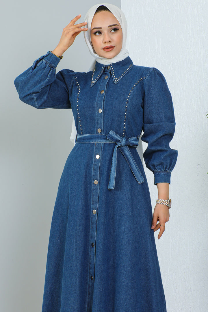 BNG Women Navy Blue Hijab Denim Dress - Clermont