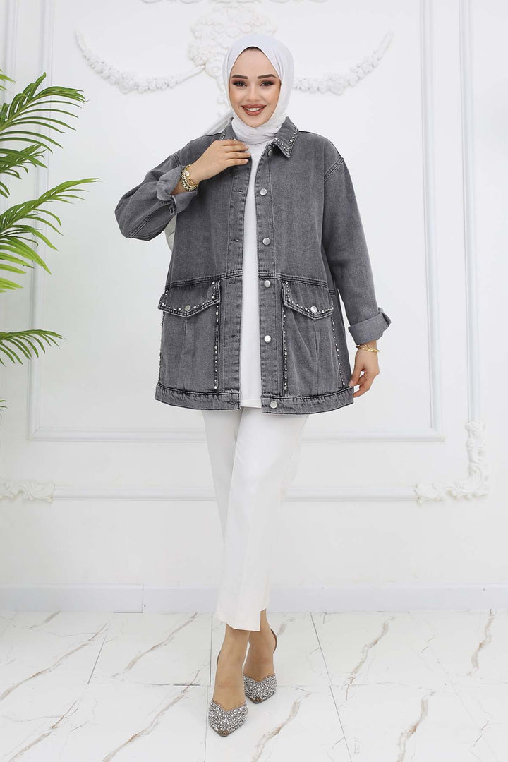 BNG Women Stone Washed Pocket Denim Jacket Gray 7902 - Towson