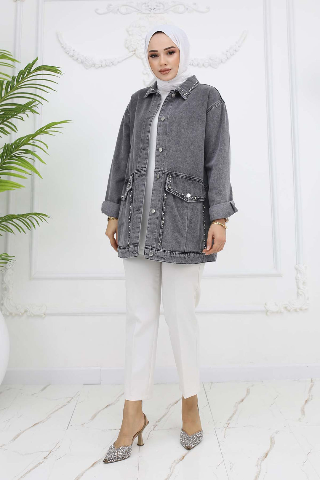 BNG Women Stone Washed Pocket Denim Jacket Gray 7902 - Towson