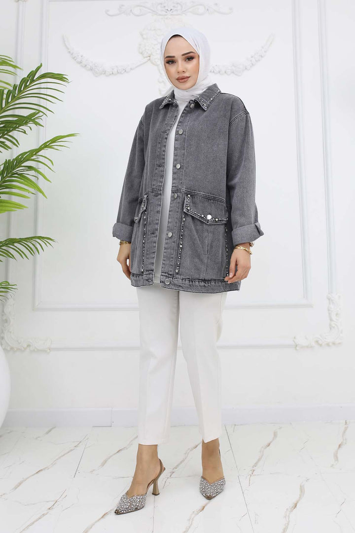 BNG Women Stone Washed Pocket Denim Jacket Gray 7902 - Towson