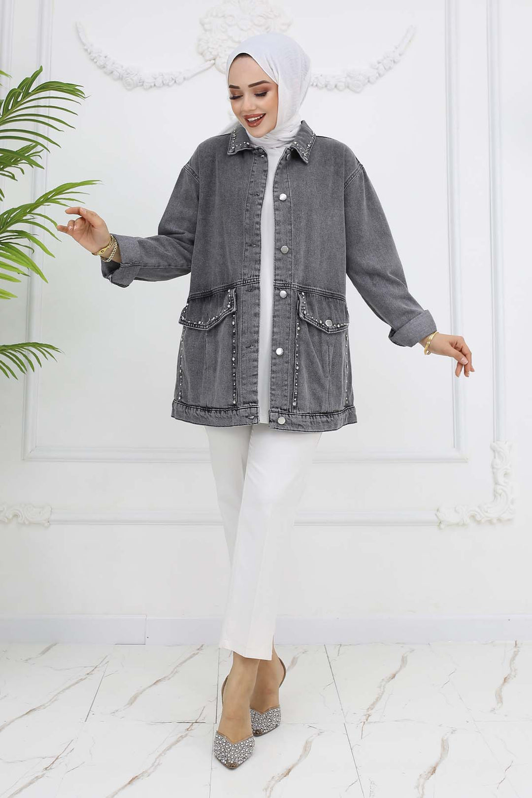 BNG Women Stone Washed Pocket Denim Jacket Gray 7902 - Towson