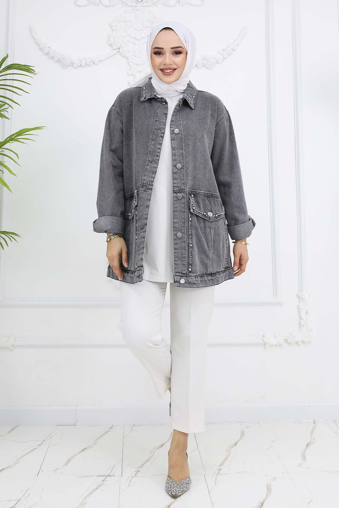 BNG Women Stone Washed Pocket Denim Jacket Gray 7902 - Towson